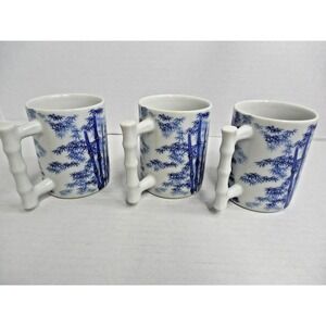 Vintage Takahashi Mugs Bamboo Handle Blue White Coffee / Tea Cup Lot of 3 / 9 oz